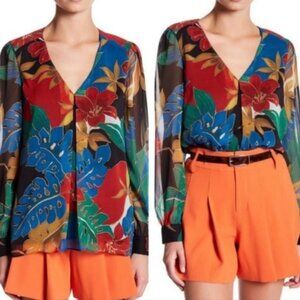 Alice + Olivia Deandra V-neck Jungke Hibiscus Blouse Black Red Green Size S/P